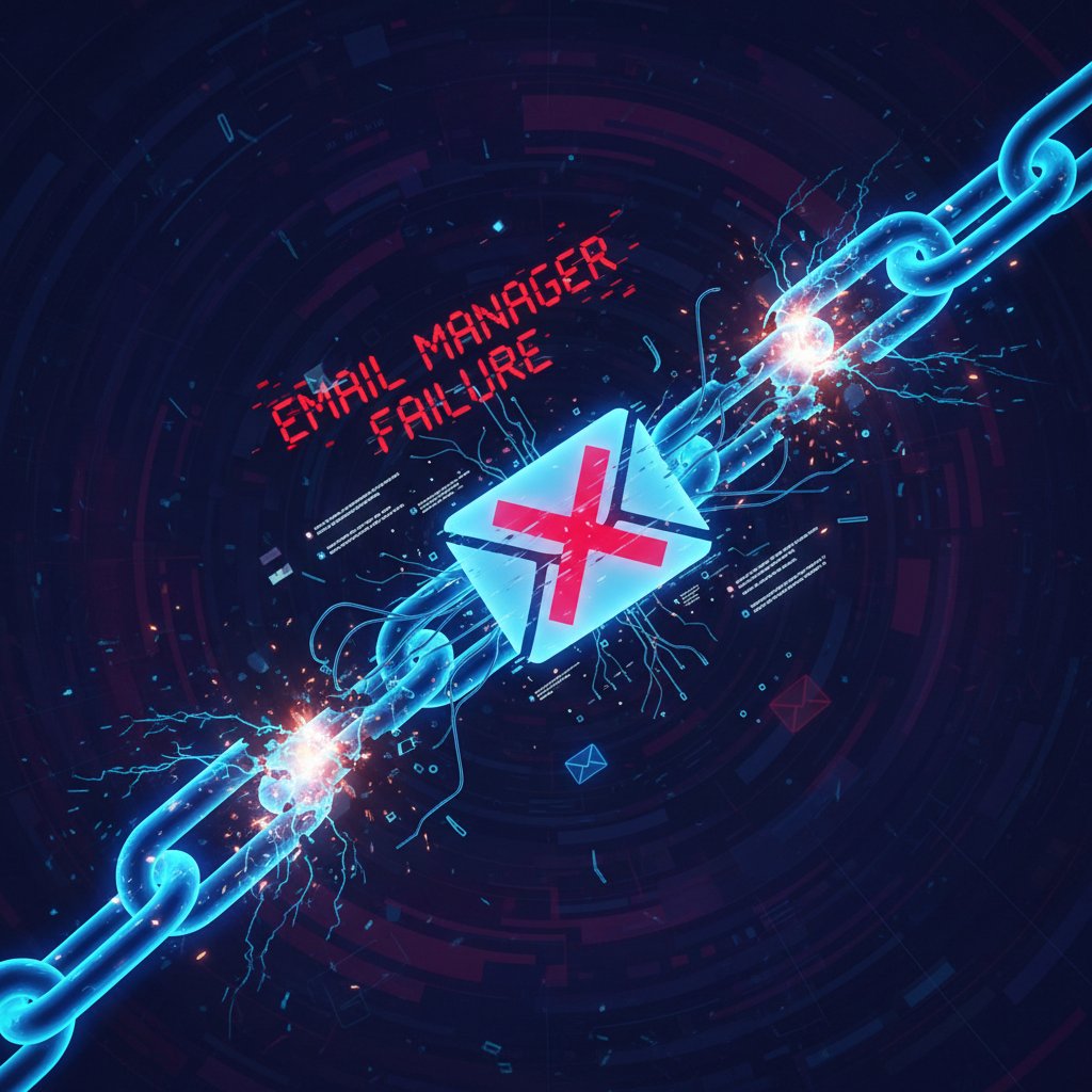 Broken digital link representing email manager failure, digital workflow breakdown, error in automation