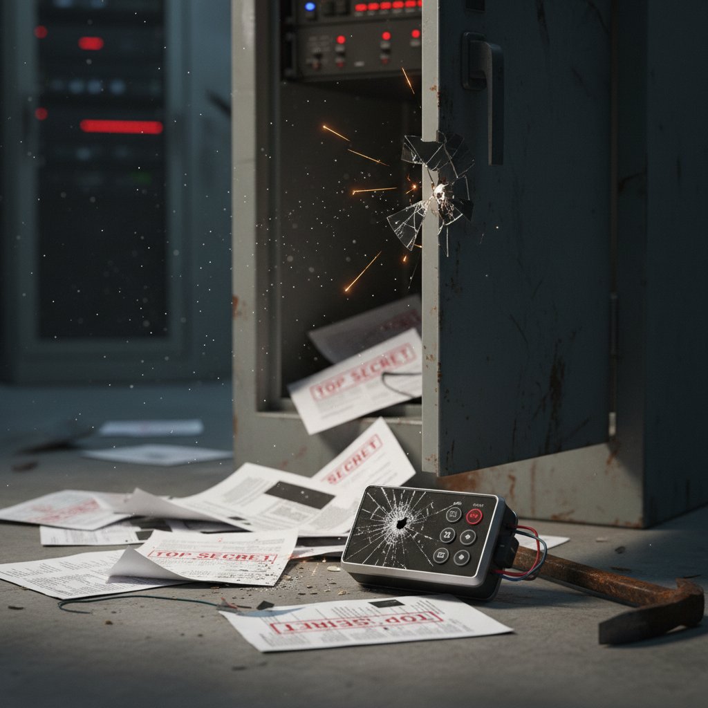 Abstract image of a broken digital lock symbolizing document insecurity