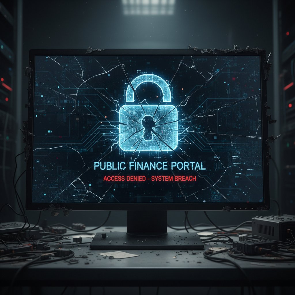 Złamana cyfrowa kłódka na portalu finansów publicznych – symbol zagrożenia bezpieczeństwa