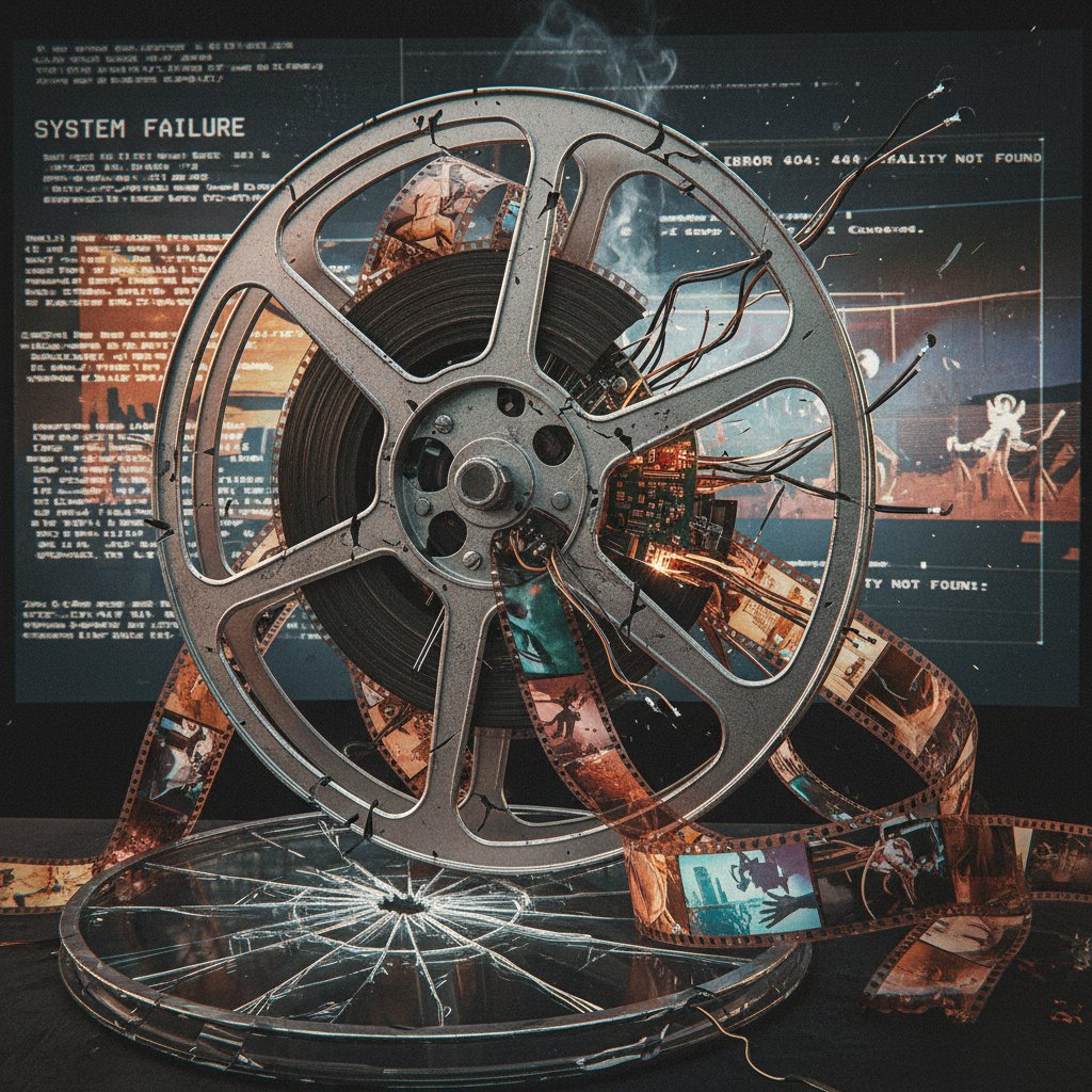 Stark photo of a broken film reel, symbolizing system breakdown and manipulation