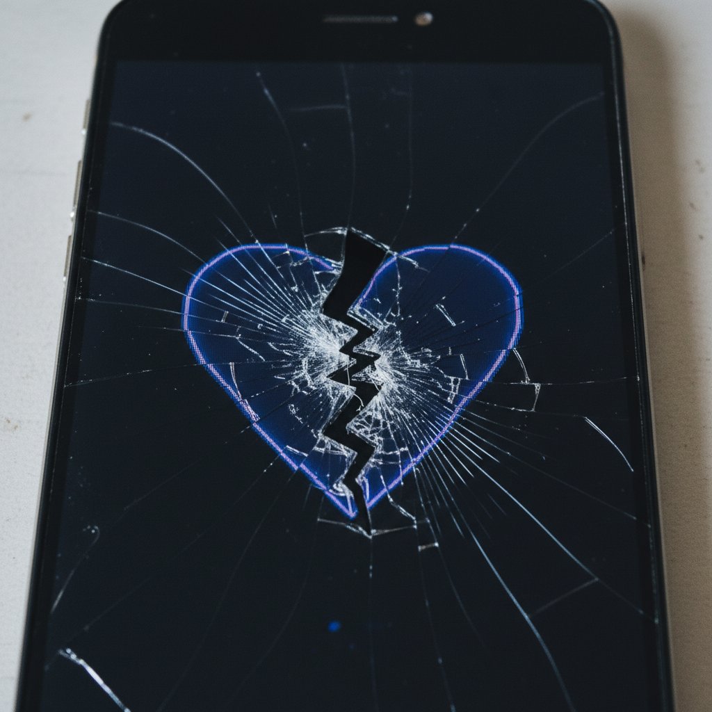 Złamane serce na ekranie smartfona, symbolizujące skutki cyberzdrady