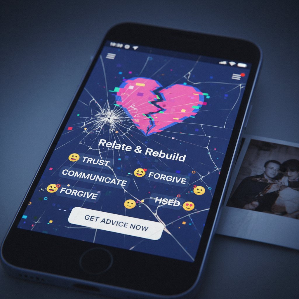 Stylized broken heart emerging from a smartphone, glitch effect, symbolizing heartbreak caused by bad app advice