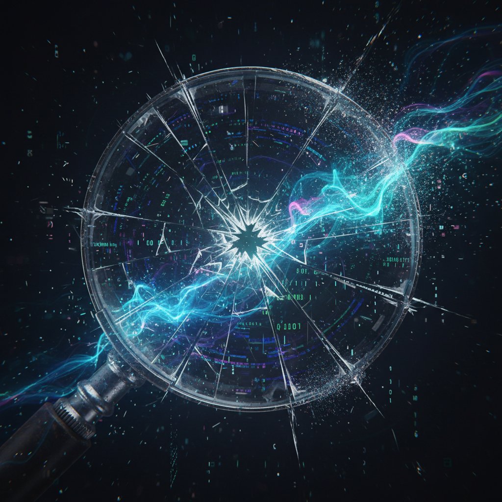 Abstrakcyjny obraz pękniętej lupy nad cyfrowymi danymi, symbolizujący pułapki darmowych narzędzi SEO