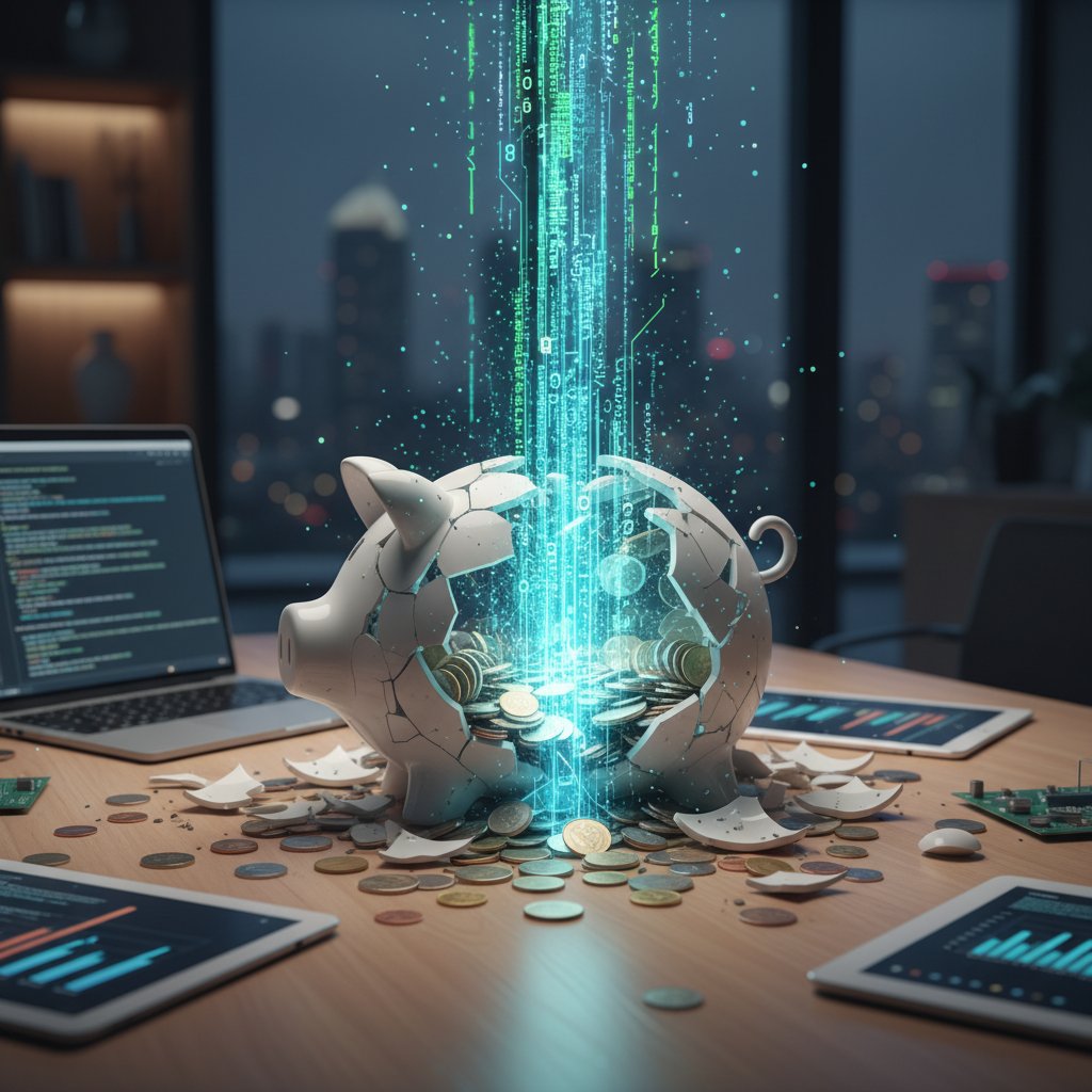 Rozbita świnka-skarbonka z cyfrowym kodem symbolizująca mity