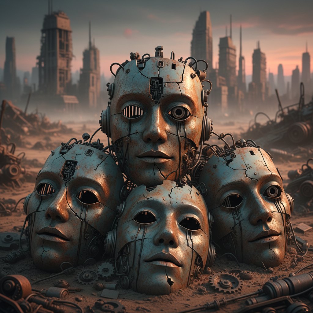 Kolaż pękniętych masek robotów, symbolizujący rozczarowanie AI