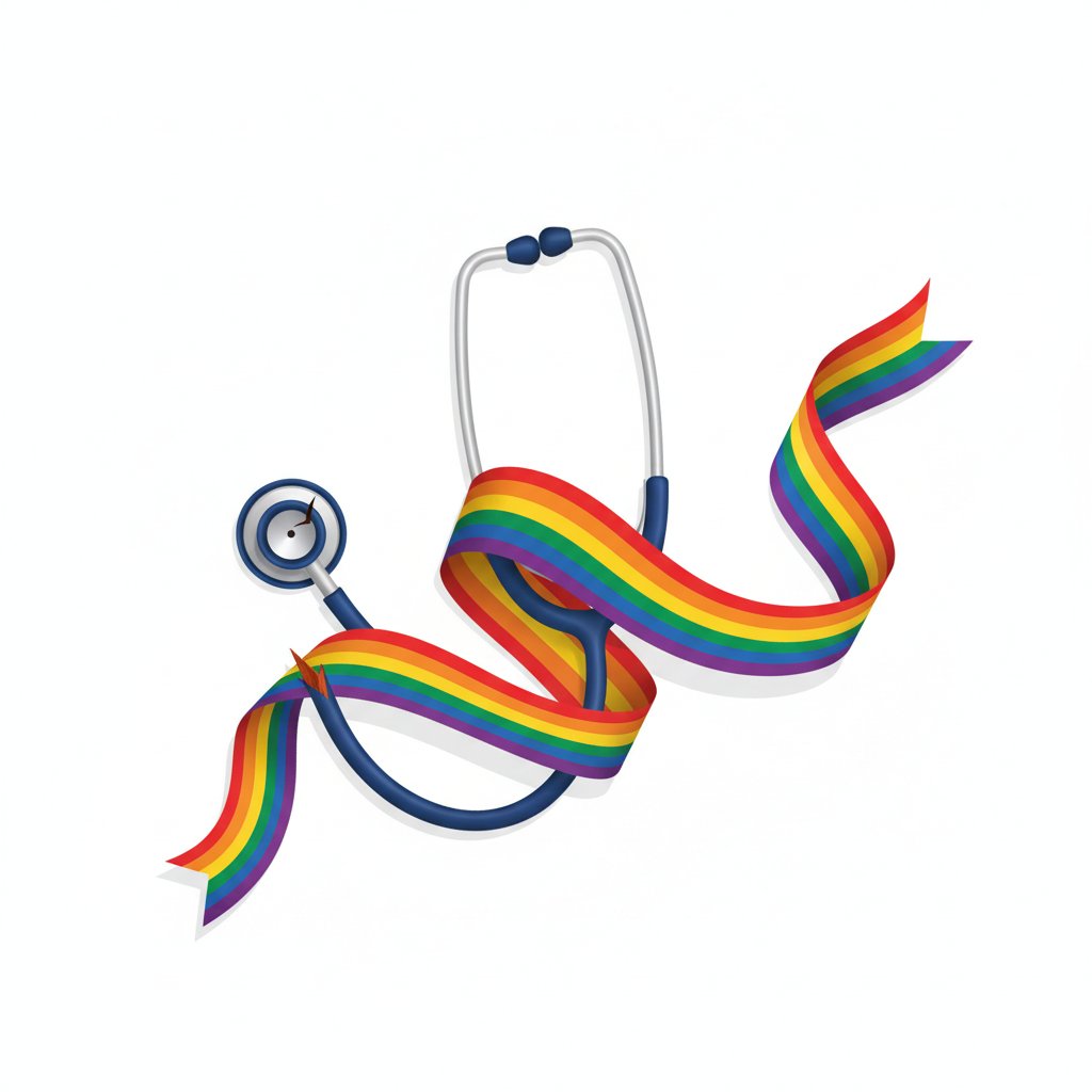 Pęknięty stetoskop owinięty tęczową wstążką, symbolizujący koniec patologizacji homoseksualności