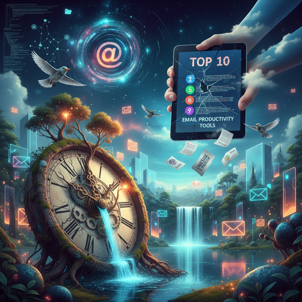 Conceptual image of a broken “Top 10” list with icons falling apart, digital collage style. Alt: Broken list of email tools and failed productivity hacks.