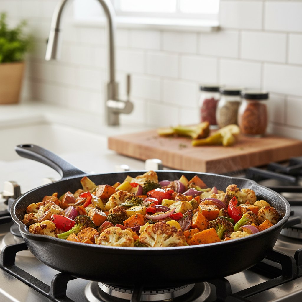 Podsmażanie warzyw na patelni, złocisty kolor, efekt Maillarda w domowej kuchni