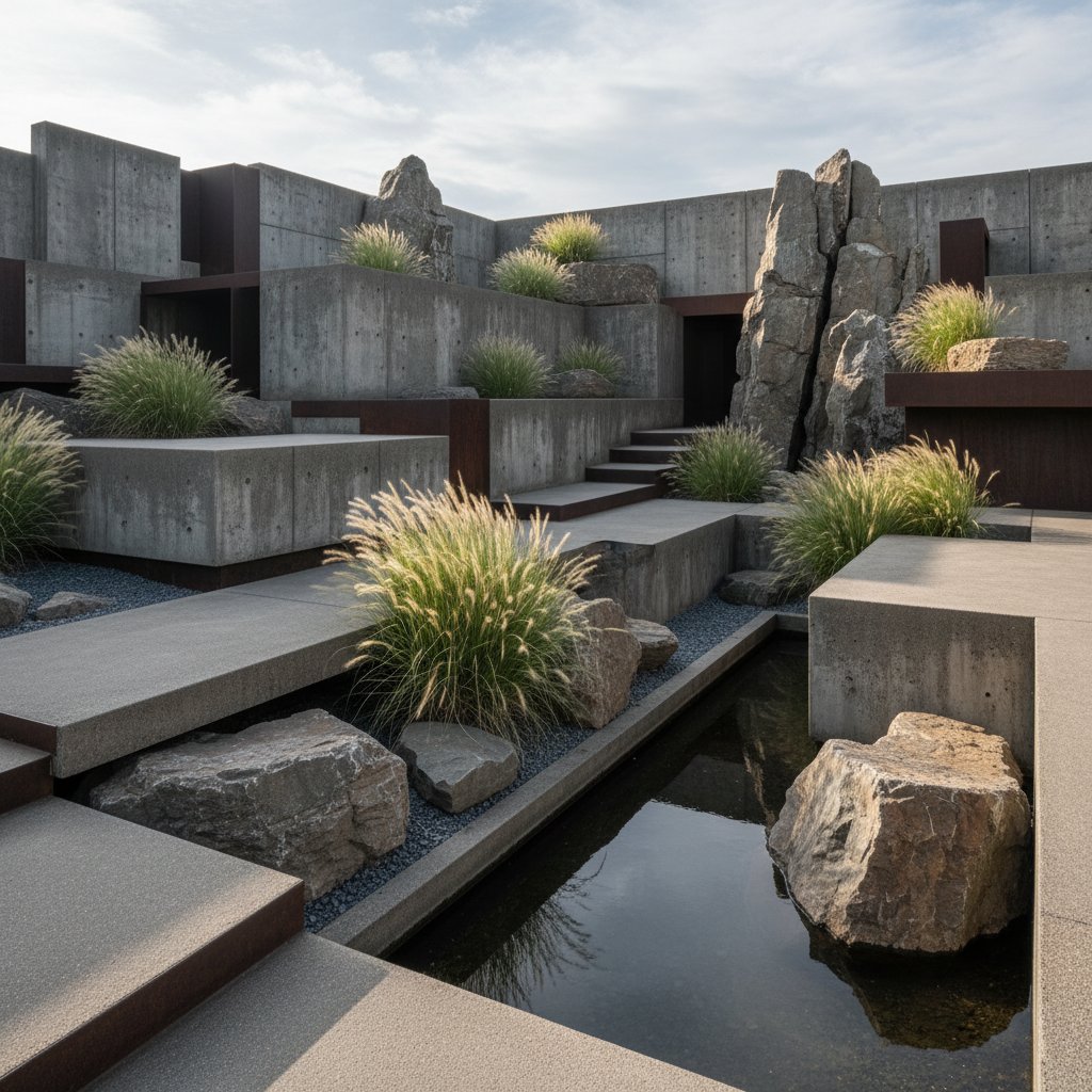 Brutalistyczny skalniak, surowe kamienie, metal, minimalizm