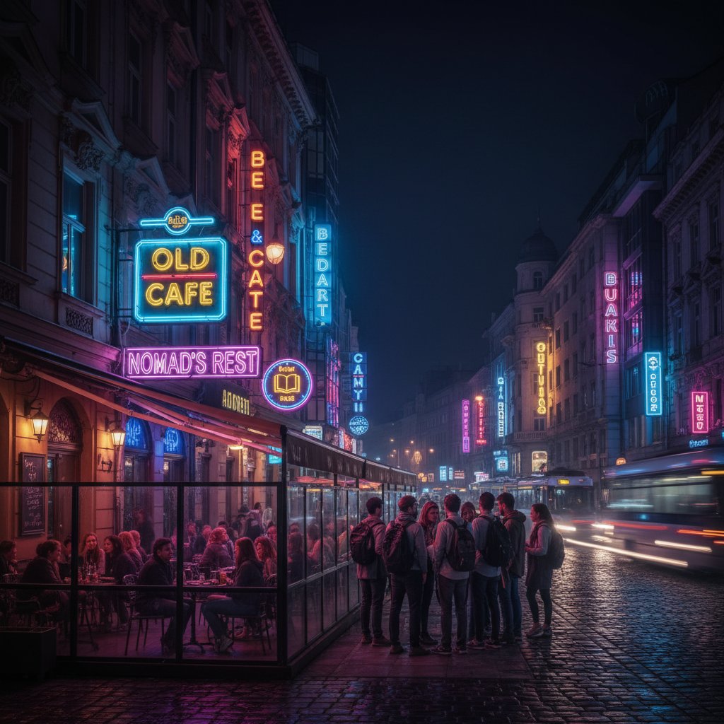 Nightlife in Bucharest: people at outdoor cafes, neon lights, urban energy