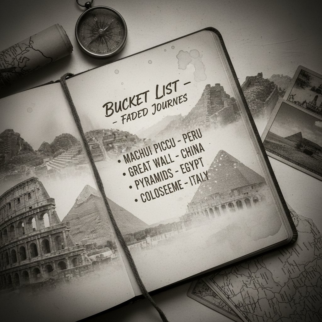 A collage of faded bucket list destinations, representing the decline of conventional travel inspiration