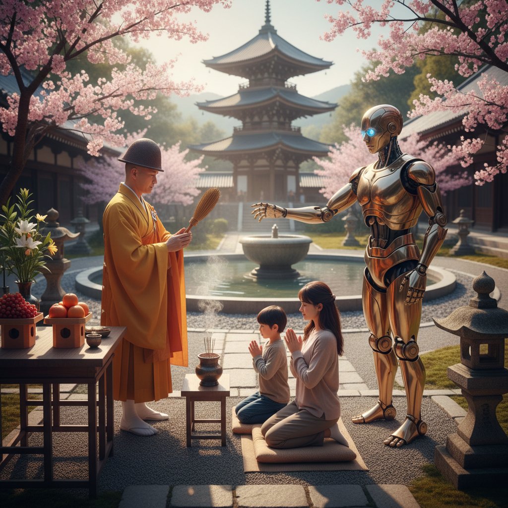 Kapłan buddyjski udziela błogosławieństwa robotowi w świątyni, rodzina patrzy – AI i rytuały religijne