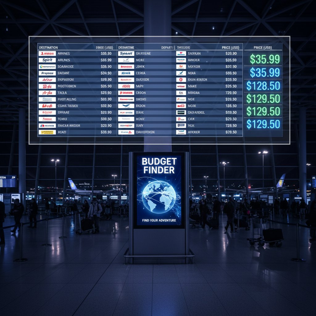 A traveler staring at a digital flight board at night, surrounded by neon price tags and code overlays, symbolizing dynamic pricing and airfare manipulation