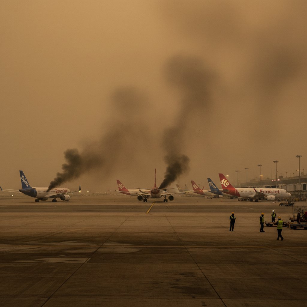 Samoloty tanich linii na płycie lotniska, w tle widoczne spaliny i zanieczyszczenie powietrza