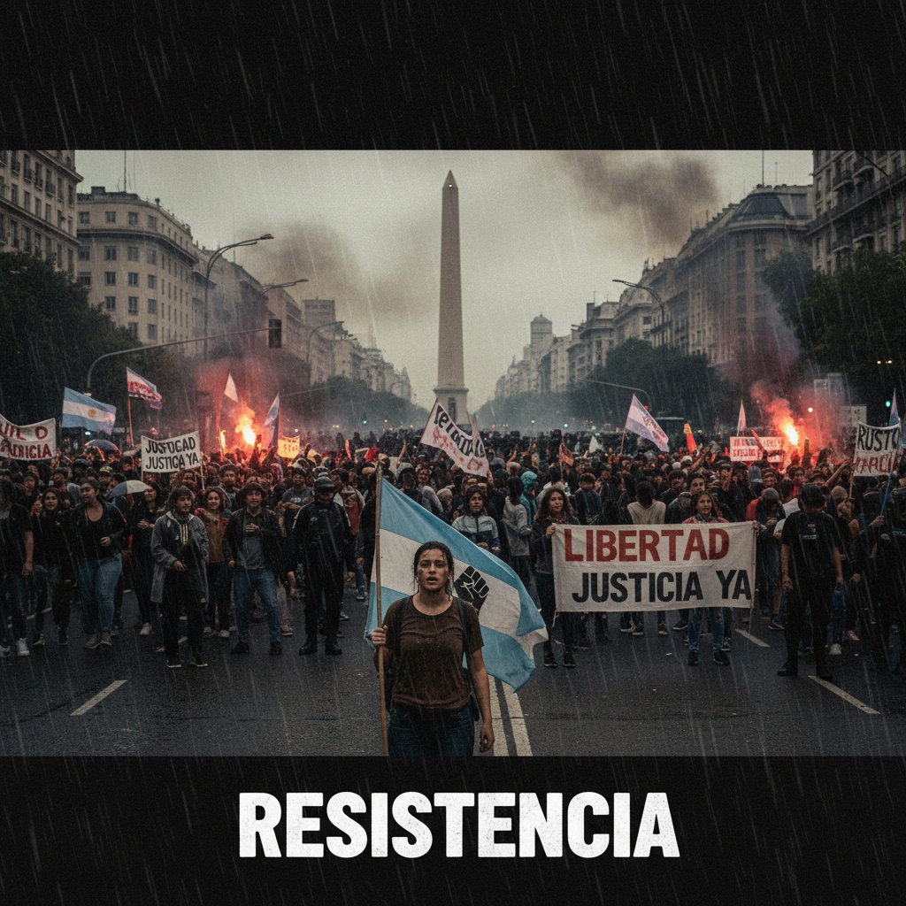 A photo capturing a passionate street protest in Buenos Aires, referencing Latin American resistance movies