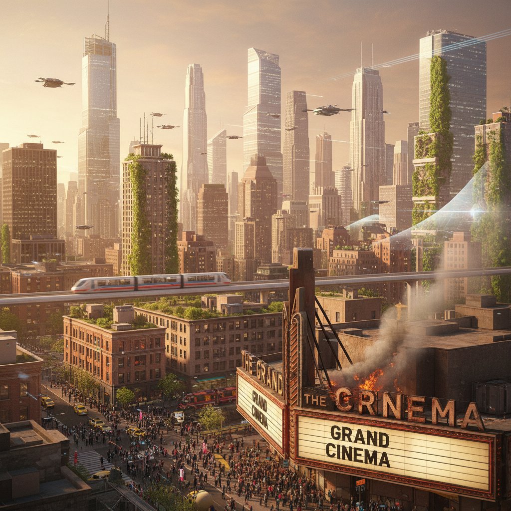 Symbolic visual of a burned, yet thriving, cinema marquee amidst a smoky cityscape