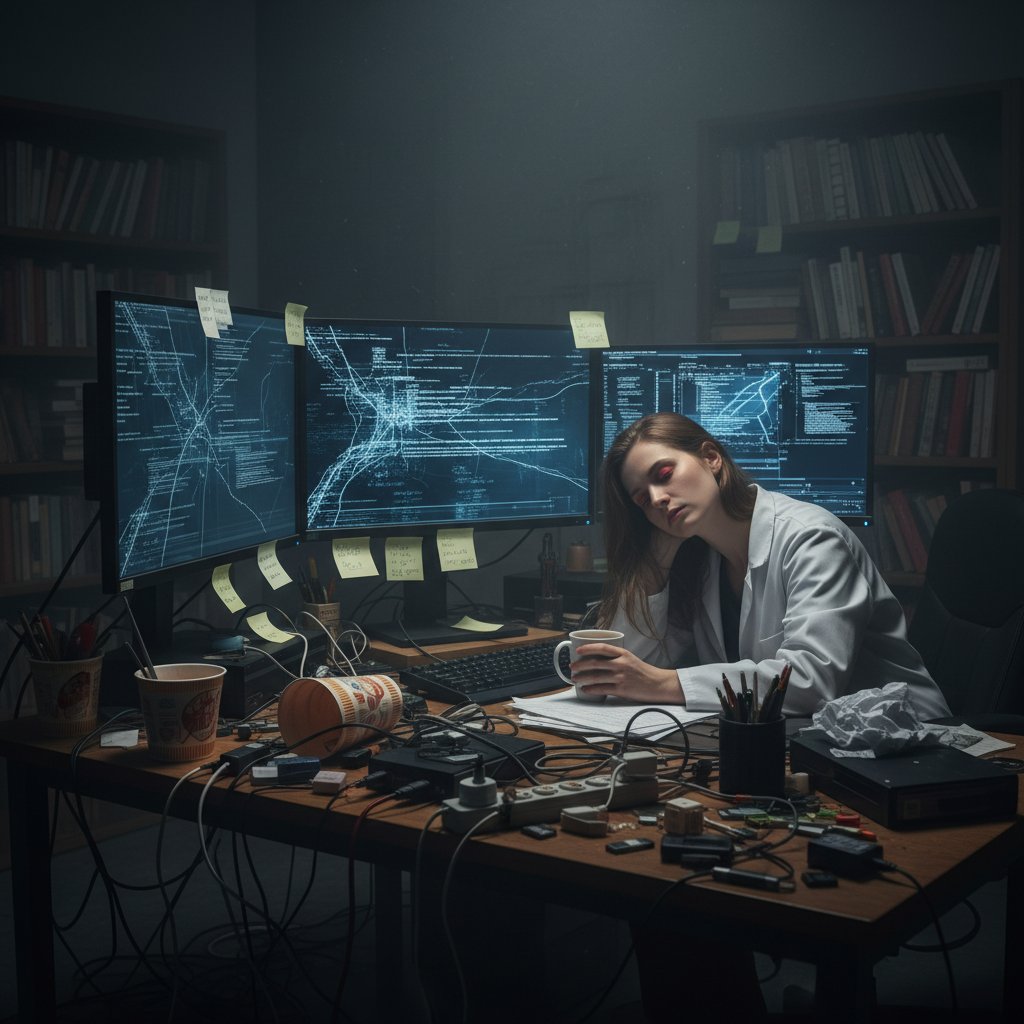 Burned out academic researcher amid digital chaos, with cluttered devices and documents