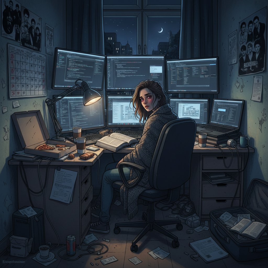 Zmęczona studentka z wieloma ekranami podczas nocnej nauki online