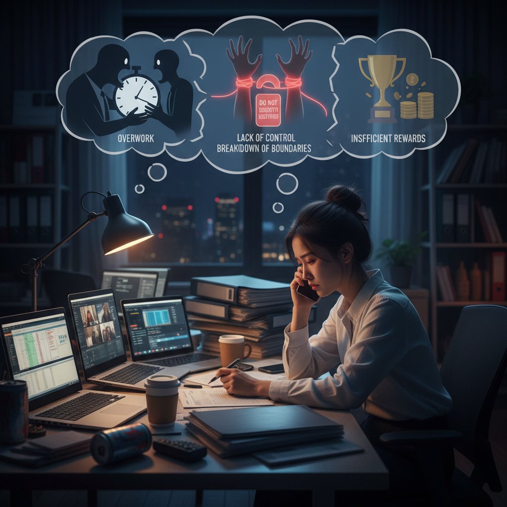 Osoba zmęczona, z oznakami wypalenia, pracująca przy komputerze w ciemnym pokoju