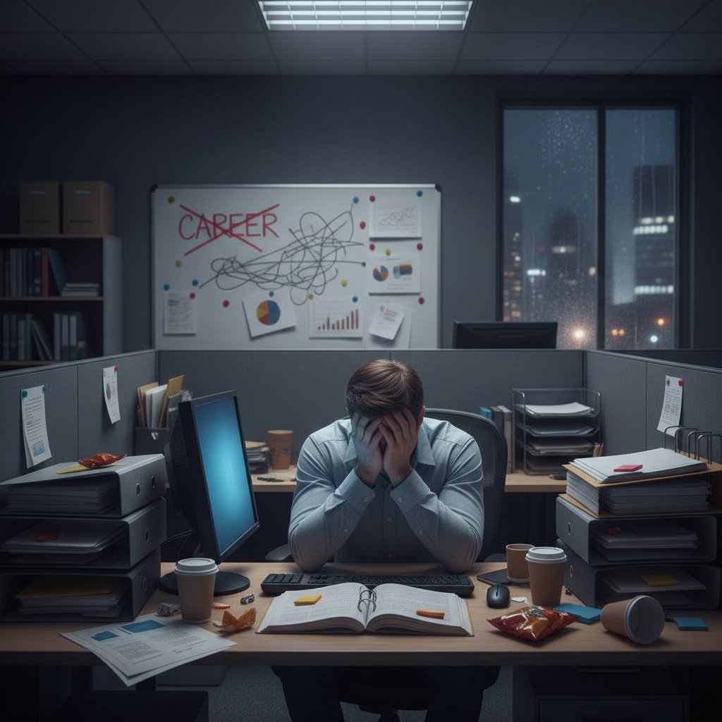 Pracownik z głową w dłoniach w biurze, symbolizujący wypalenie zawodowe