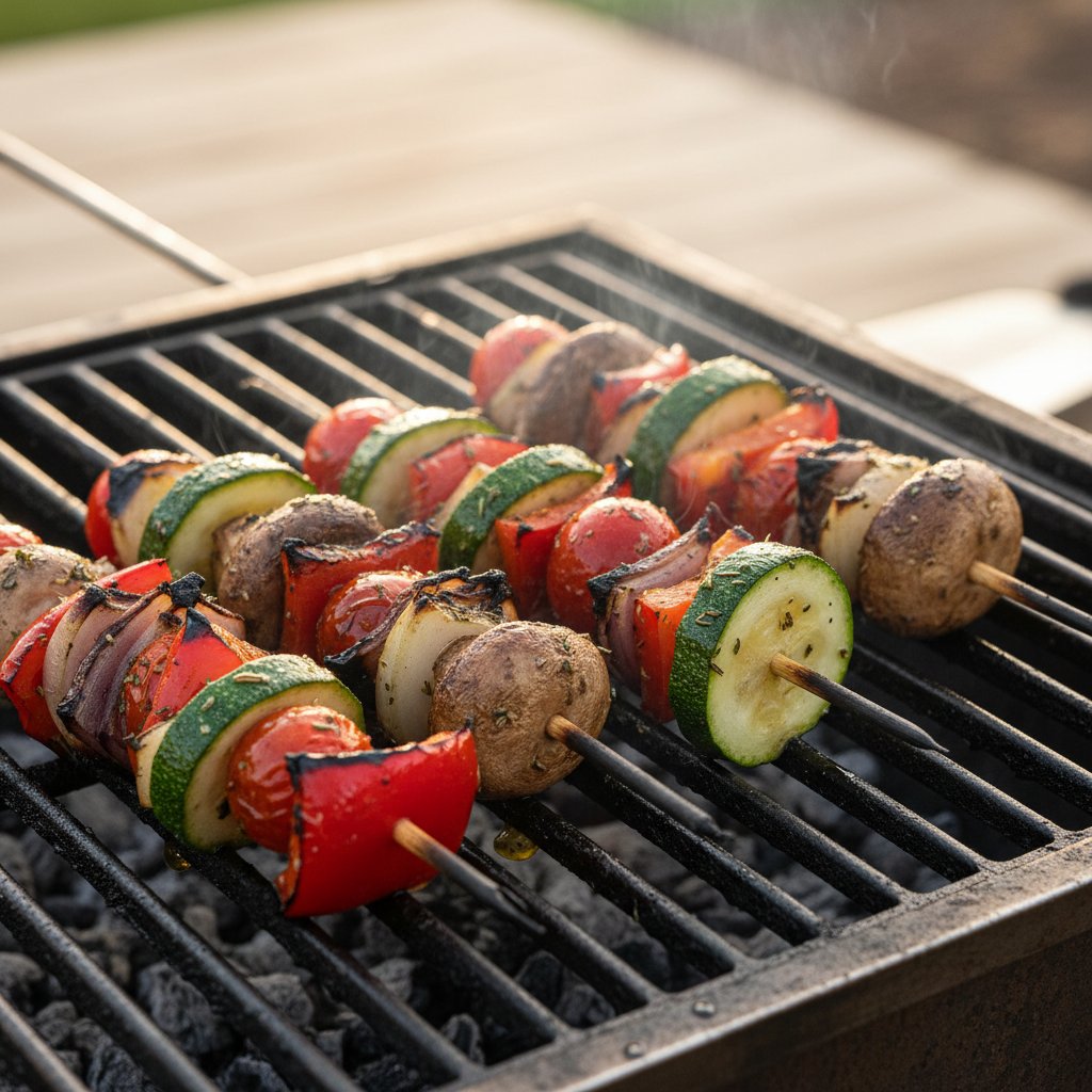 Zbliżenie na spalone szaszłyki i idealnie zgrillowane warzywa – rozpoznawanie bezpiecznych potraw grillowych