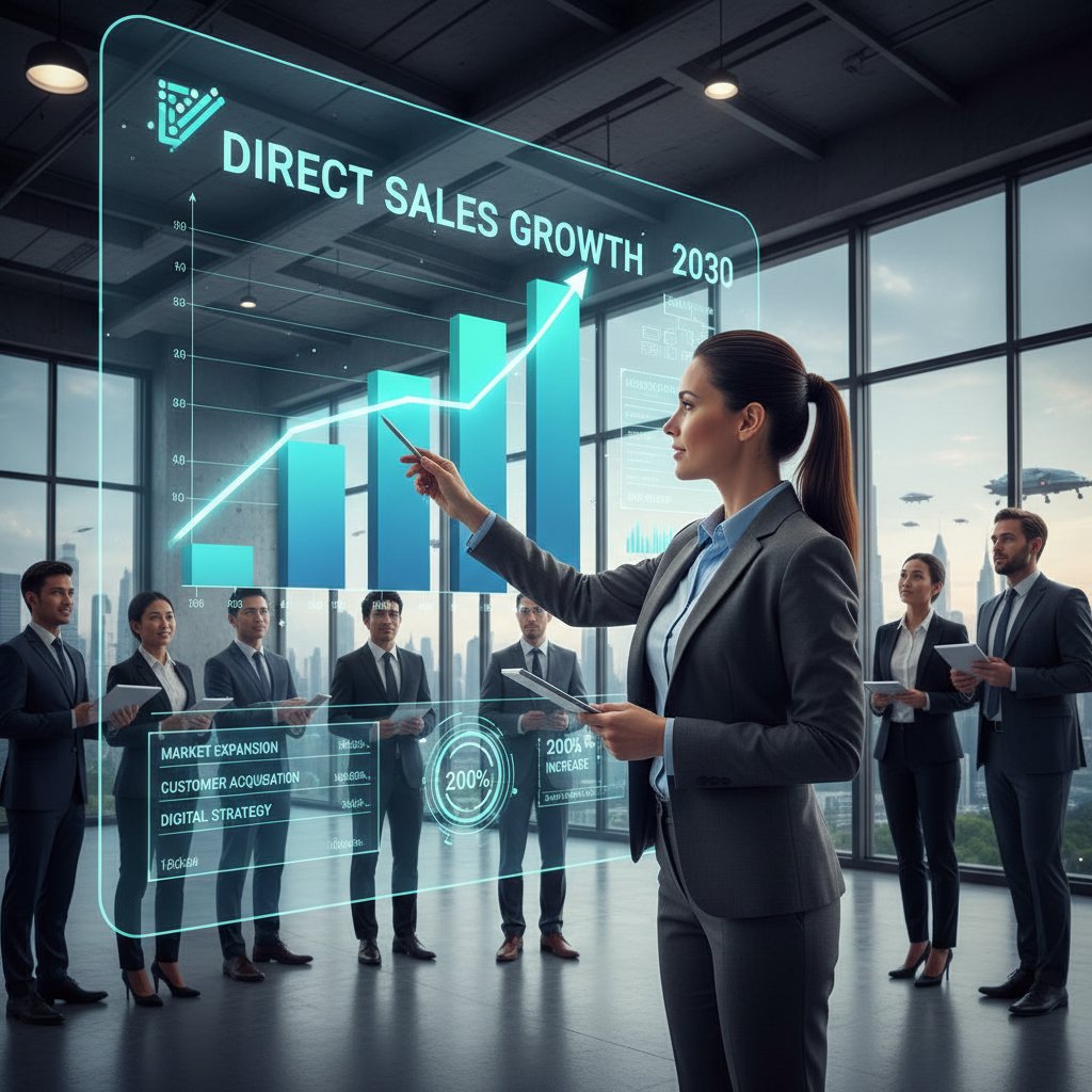 Editorial photo of business analyst reviewing growth chart and direct sales trends to 2030