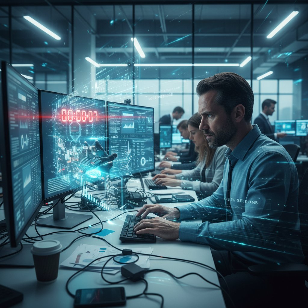 Business analyst looking stressed, fast data analysis on screen, speed is critical