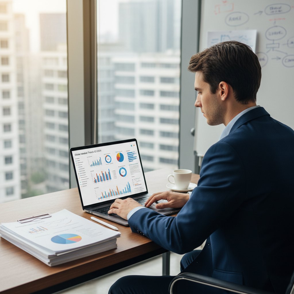 Analityk przegląda raporty branżowe na stole z laptopem – desk research w praktyce