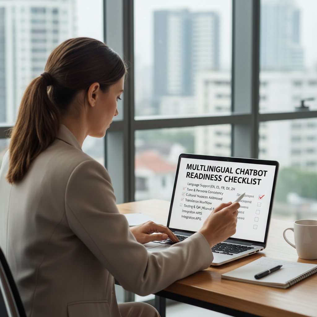 A business analyst reviewing a multilingual chatbot readiness checklist on a laptop