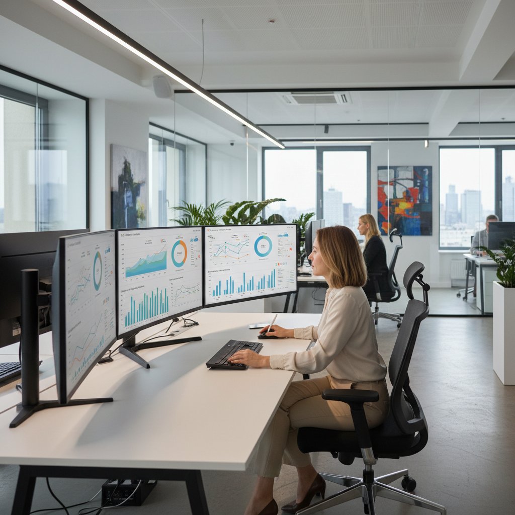 Analityk badający wykresy cenowe i trendy w nowoczesnym biurze, polska firma