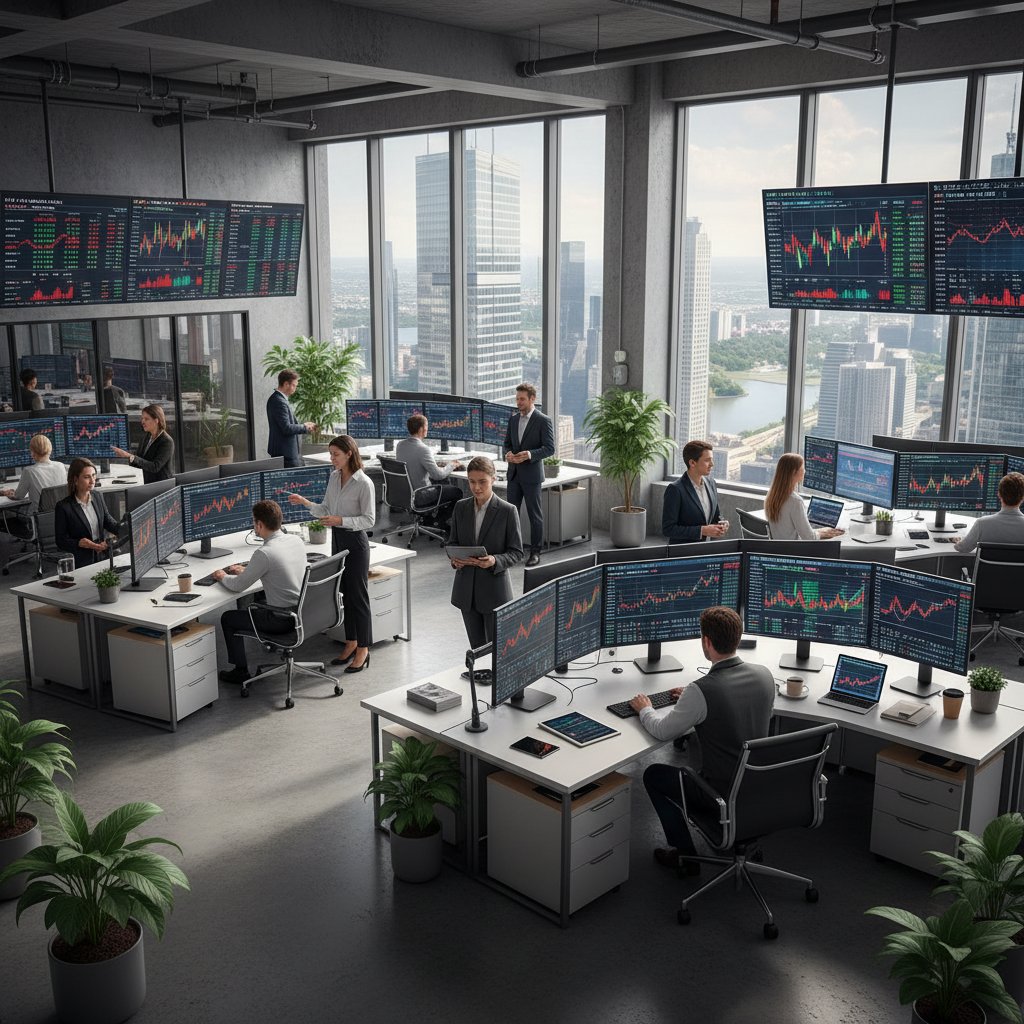 Zespół analityków biznesowych analizuje wykresy na ekranach, motyw przewagi rynkowej