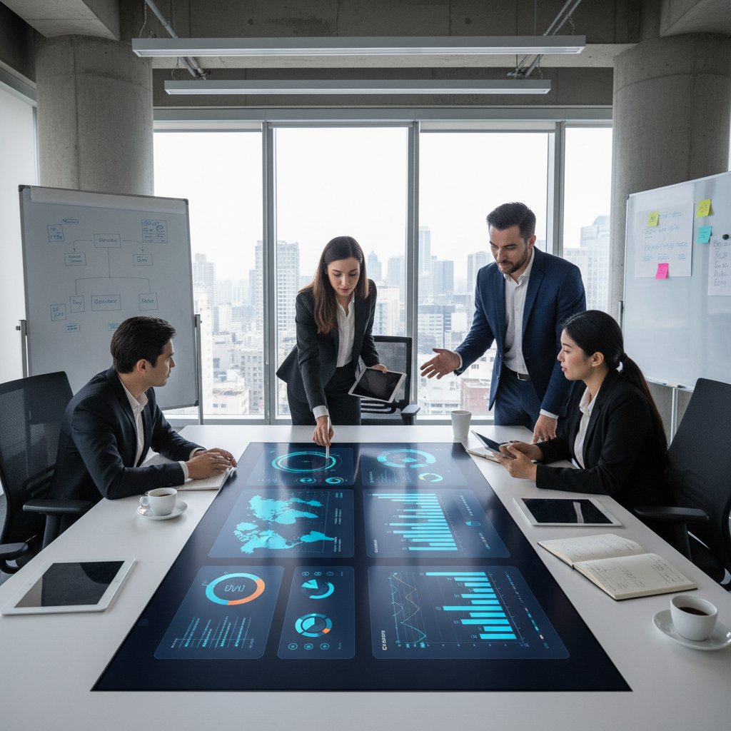 Zespół analityków biznesowych korzystających z nowoczesnej platformy analitycznej na spotkaniu