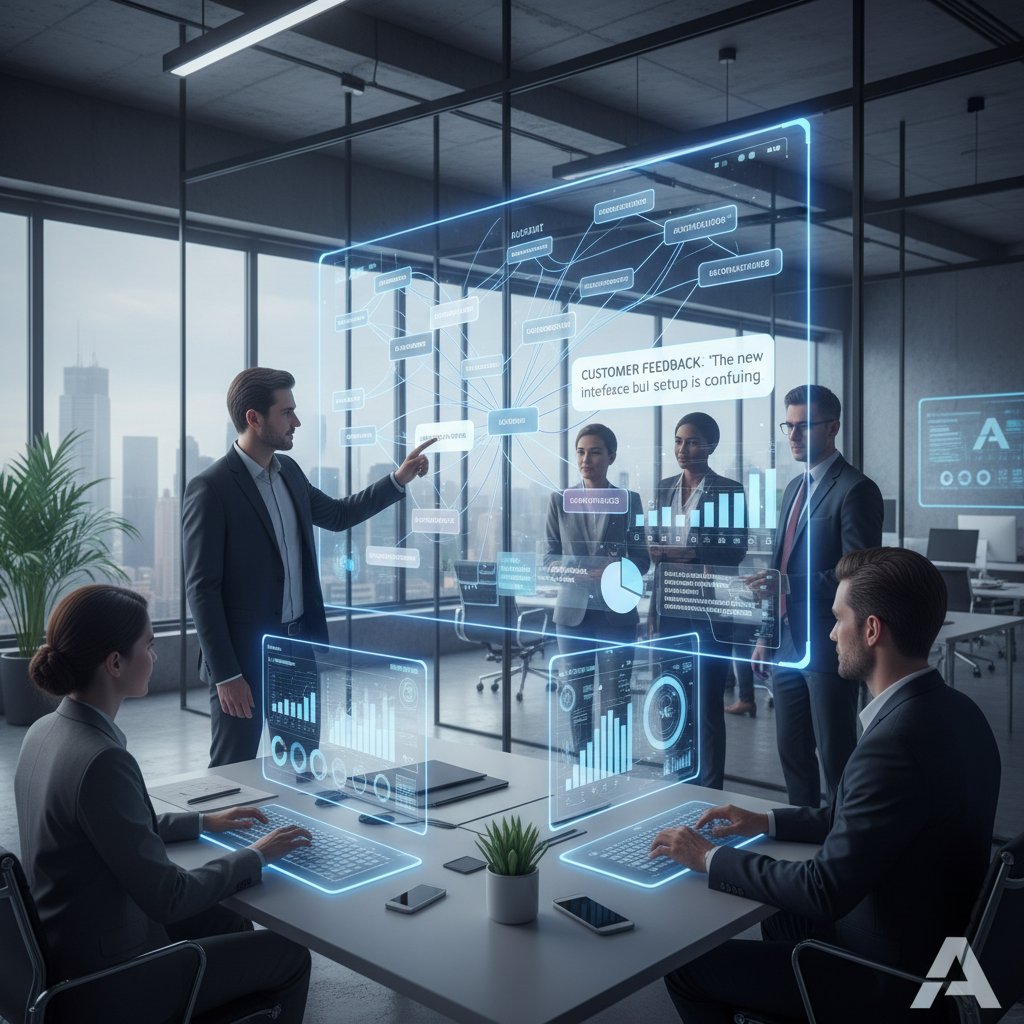Business analysts collaborating in a modern office, reviewing AI-powered text analytics results and semantic analysis insights