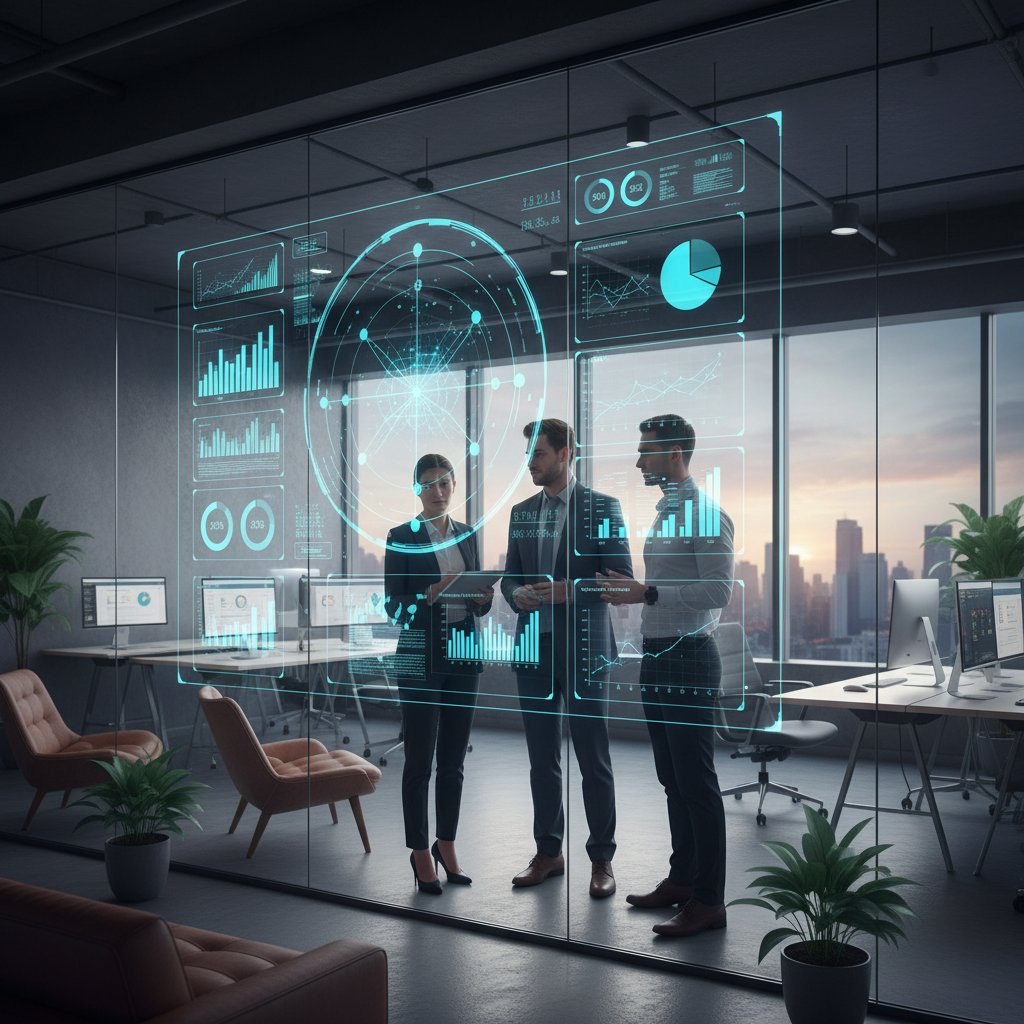 Nowoczesne biuro, analityk patrzący na monitor z danymi AI