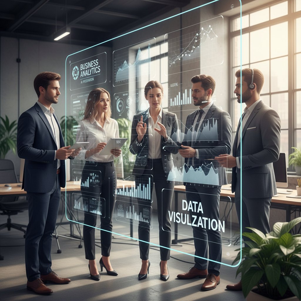 Integracja AI w zarządzaniu danymi: zespół analizujący dane przy monitorach z wizualizacjami