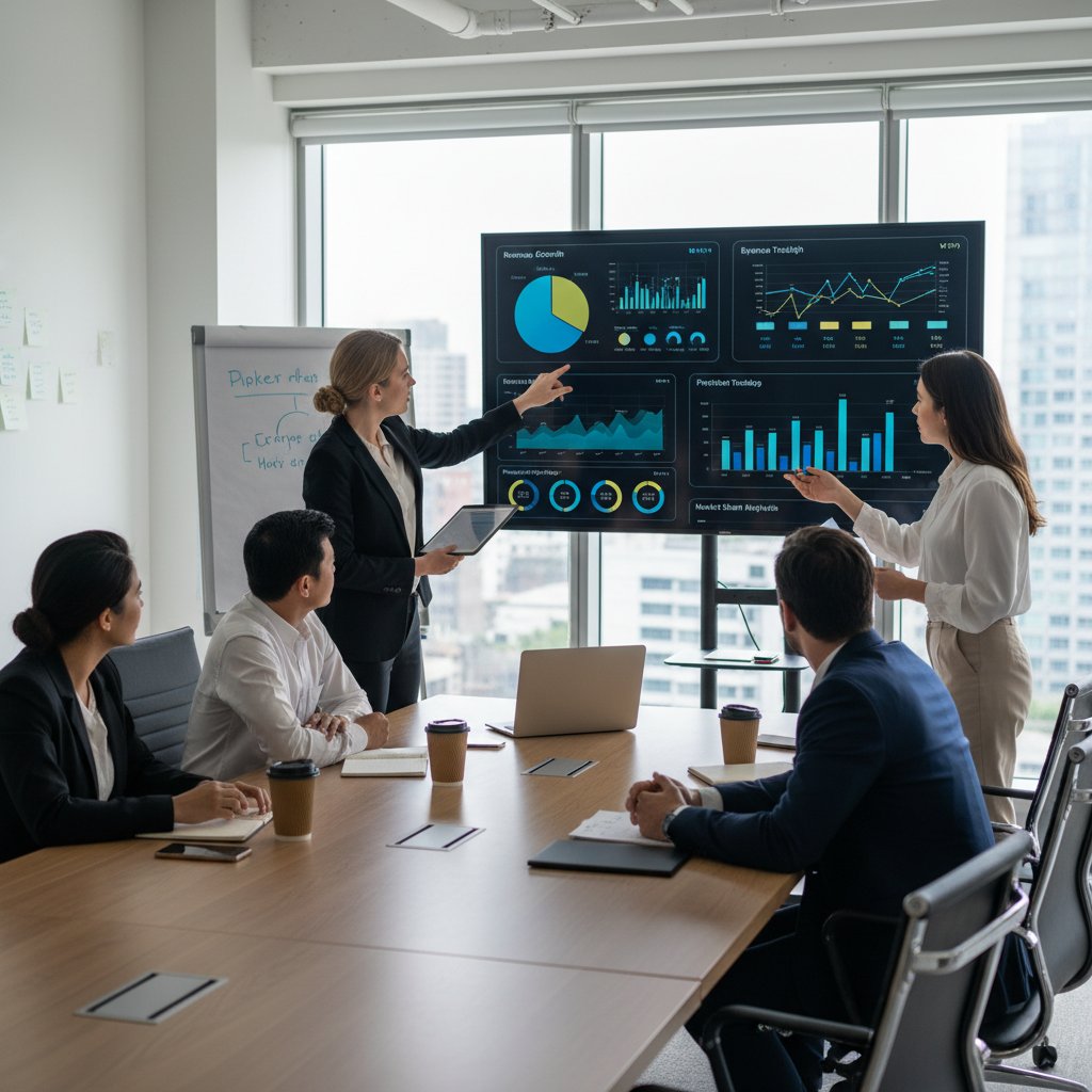 Zespół analizujący wzrost marży na ekranie BI w nowoczesnej sali konferencyjnej