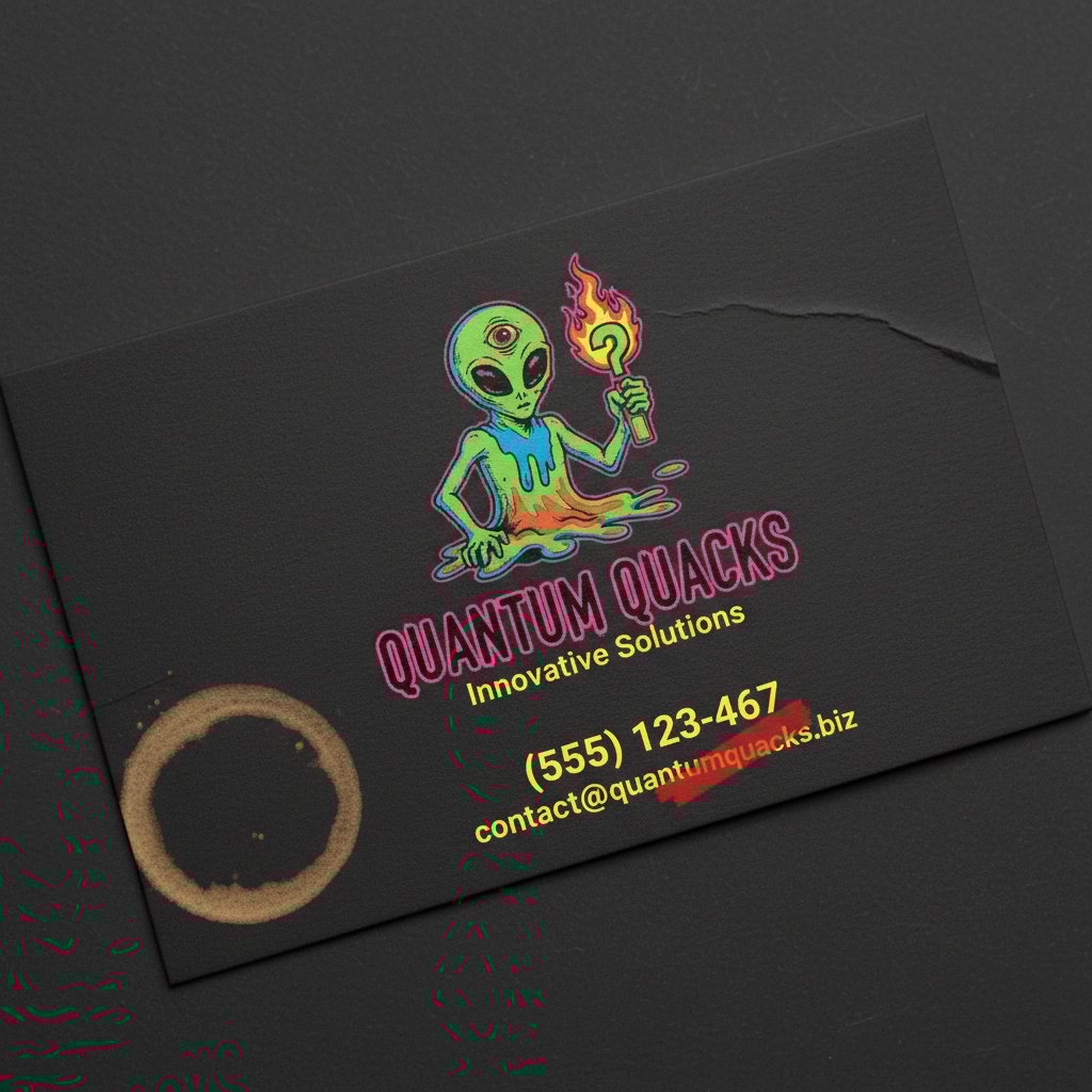 Przykład nieczytelnego logo wydrukowanego na wizytówce, niedostosowanego do różnych formatów