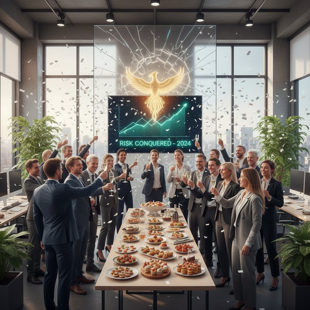 Zdjęcie biznesowego świętowania w nowoczesnym biurze, symbolizujące pokonanie ryzyka