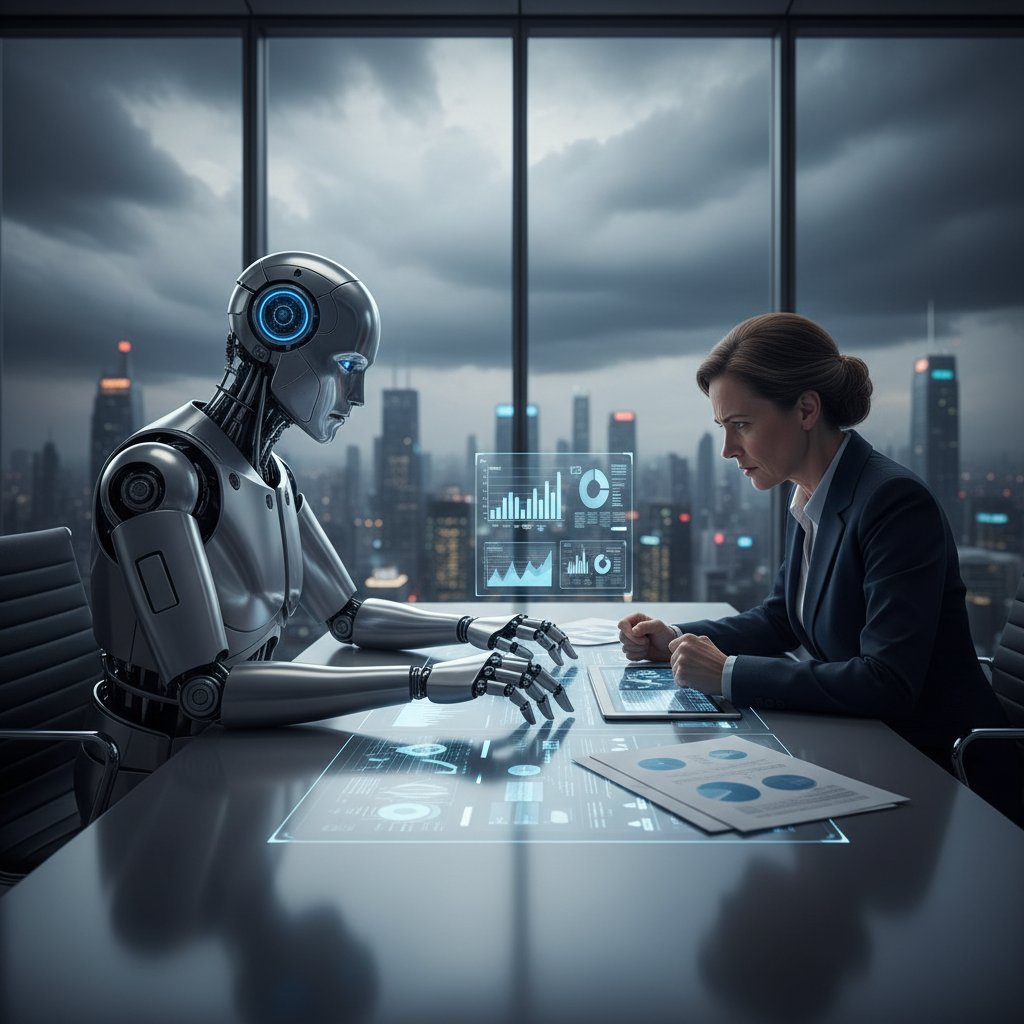 Biznesowy konsultant i humanoidalny robot przy nowoczesnym biurku – symboliczna scena automatyzacji doradztwa