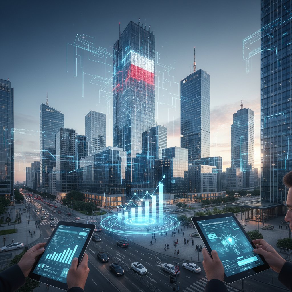 Widok z lotu ptaka na nowoczesną dzielnicę biznesową, Polska, symbolizujący cyfrową transformację