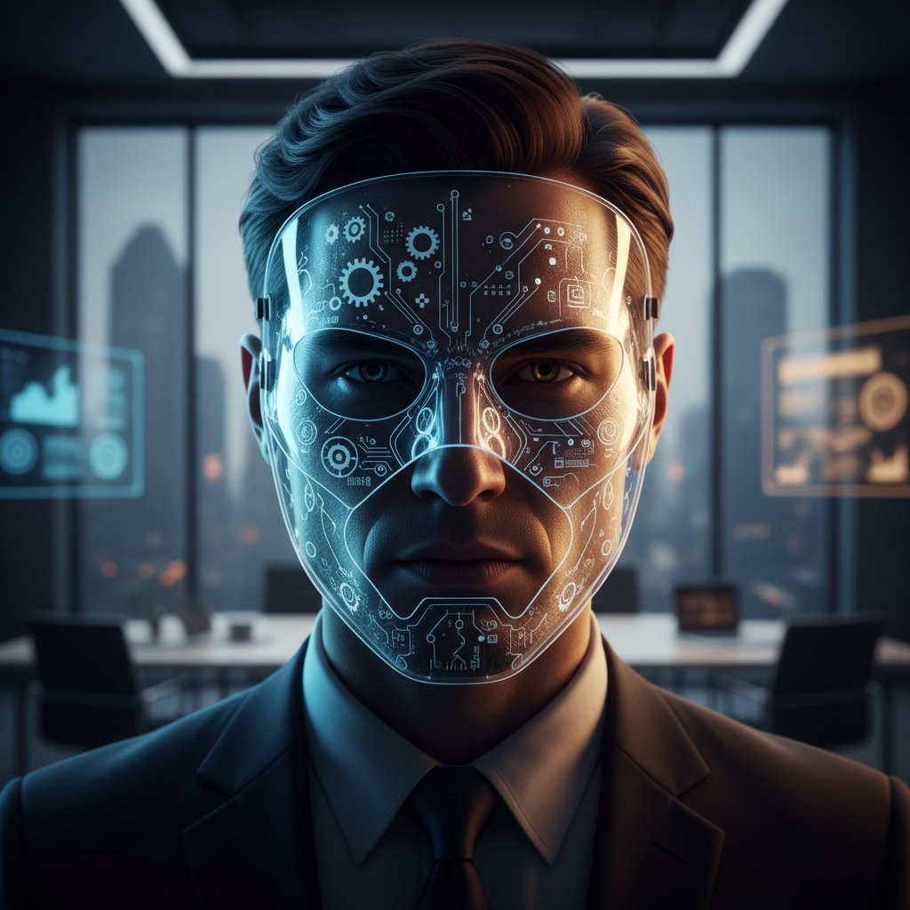 Zdjęcie menedżera w biurze z maską w ręku, wyraźnie zestresowanego, symbolizującego ciężar przywództwa