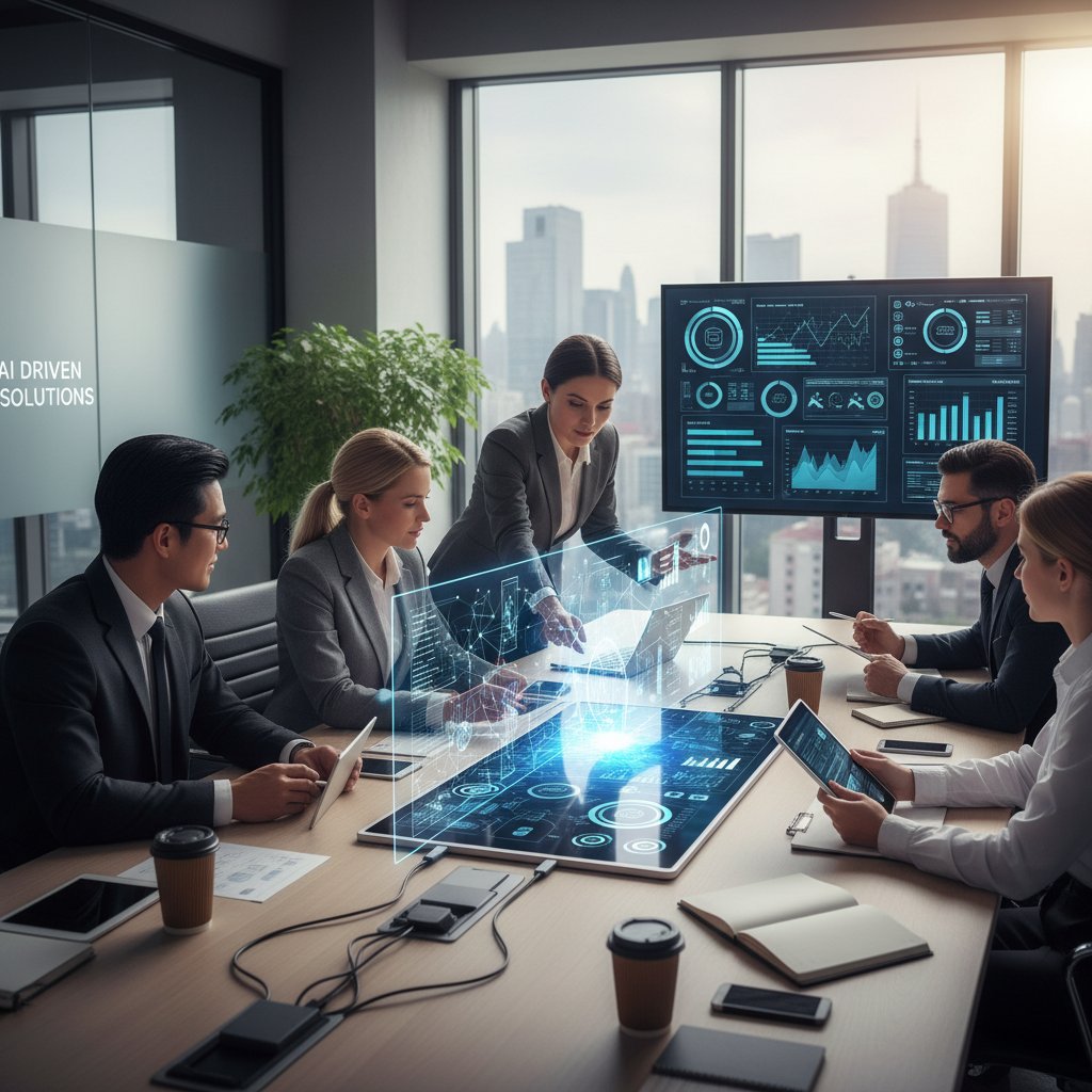 Ekspert biznesowy analizujący dane z AI na ekranie, w tle zespół zespołu wokół stołu