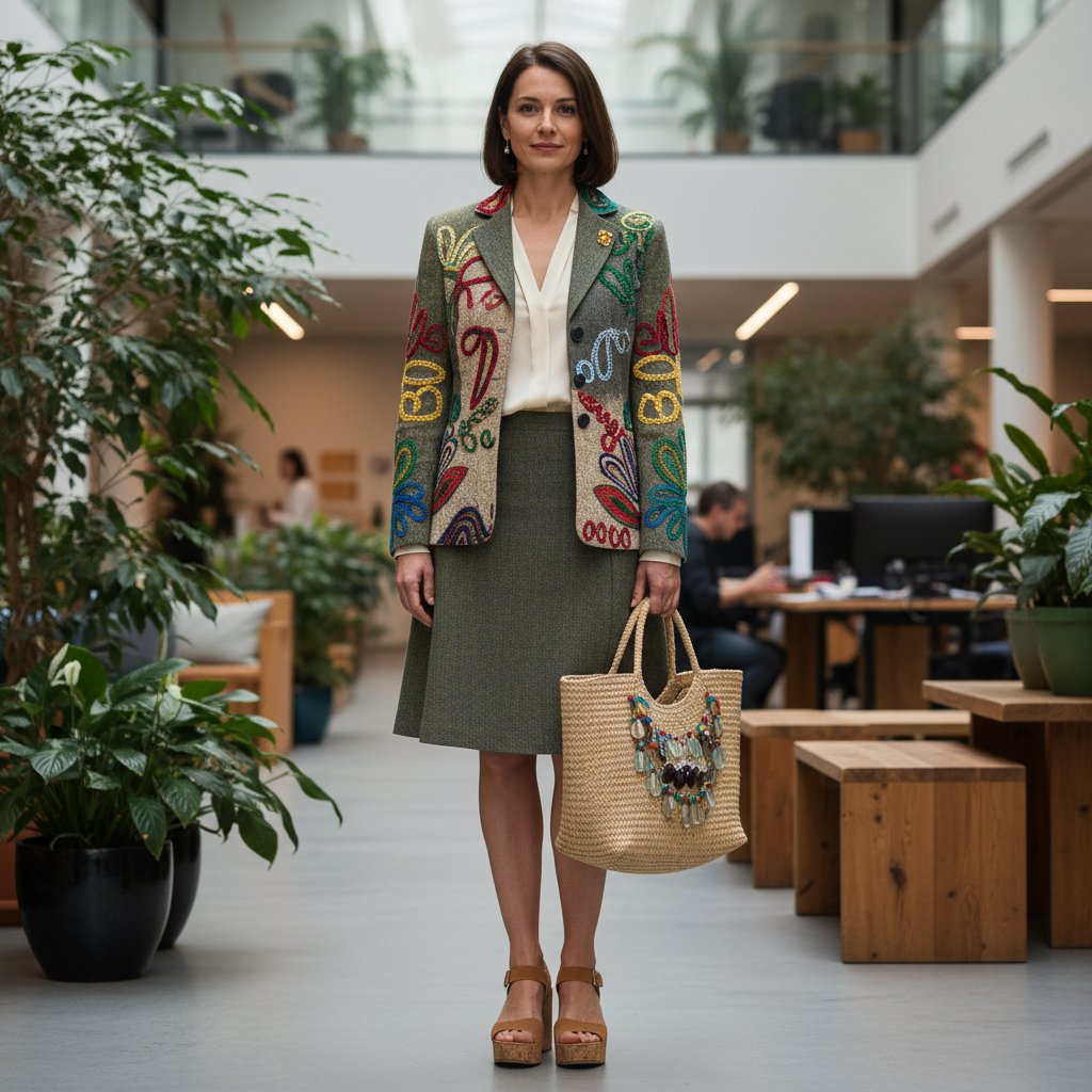 Nowoczesny mężczyzna w eko-marynarce i kolorowych akcentach, biurowiec