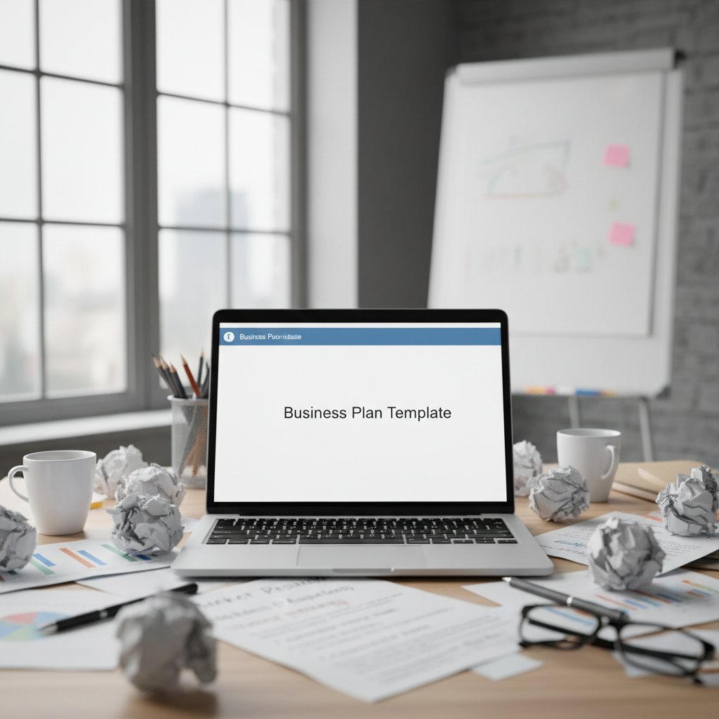 Stos poradników biznesowych na stole, zgniecione kartki, laptop z otwartym szablonem