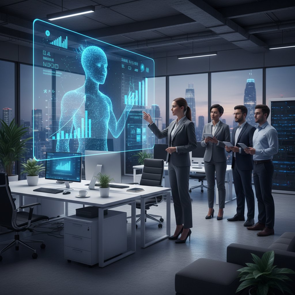A business leader reviewing analytics provided by an AI assistant, surrounded by a dynamic, tech-rich workspace