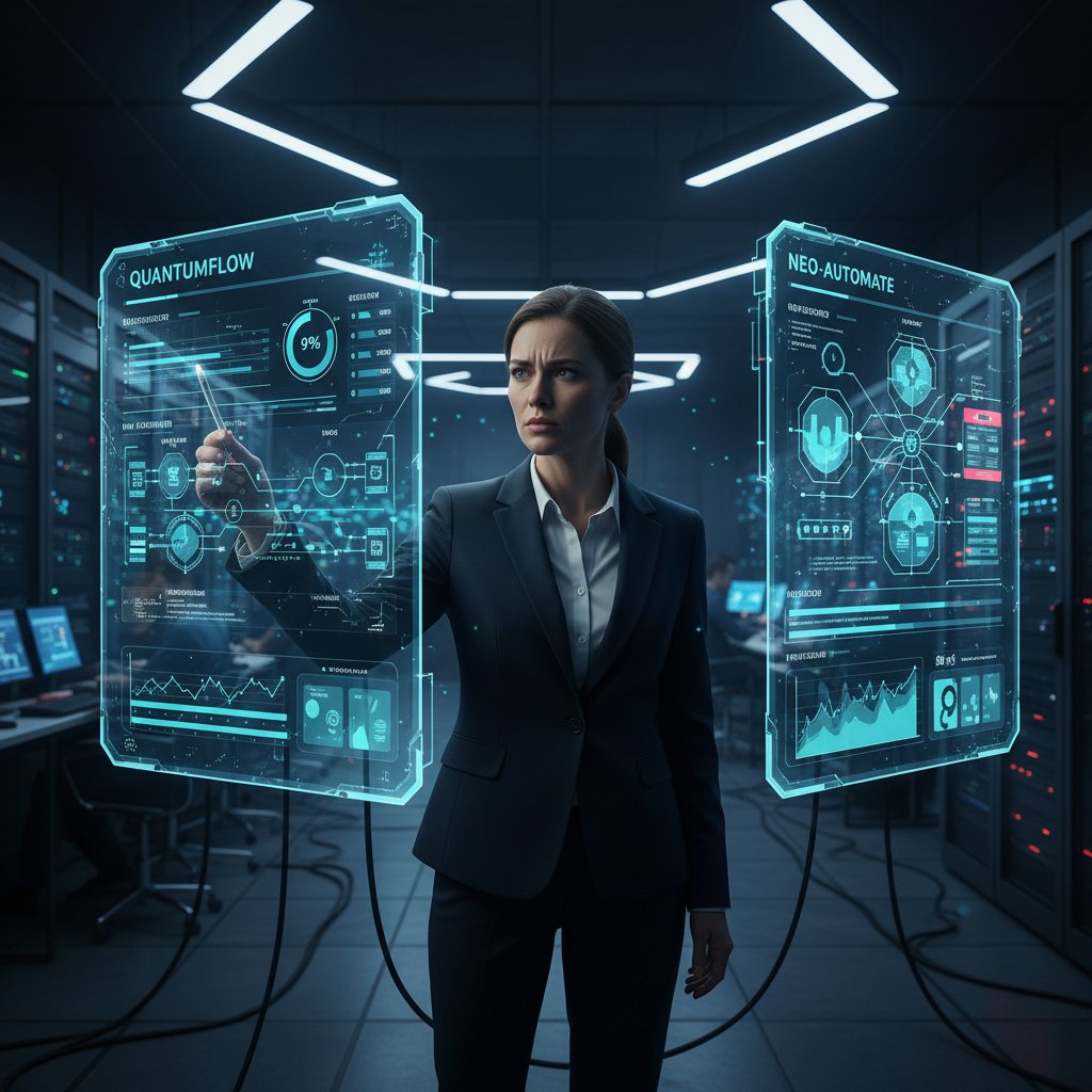 A business leader evaluating automation platforms, edgy lighting, decision-making tension, customer service automation selection process