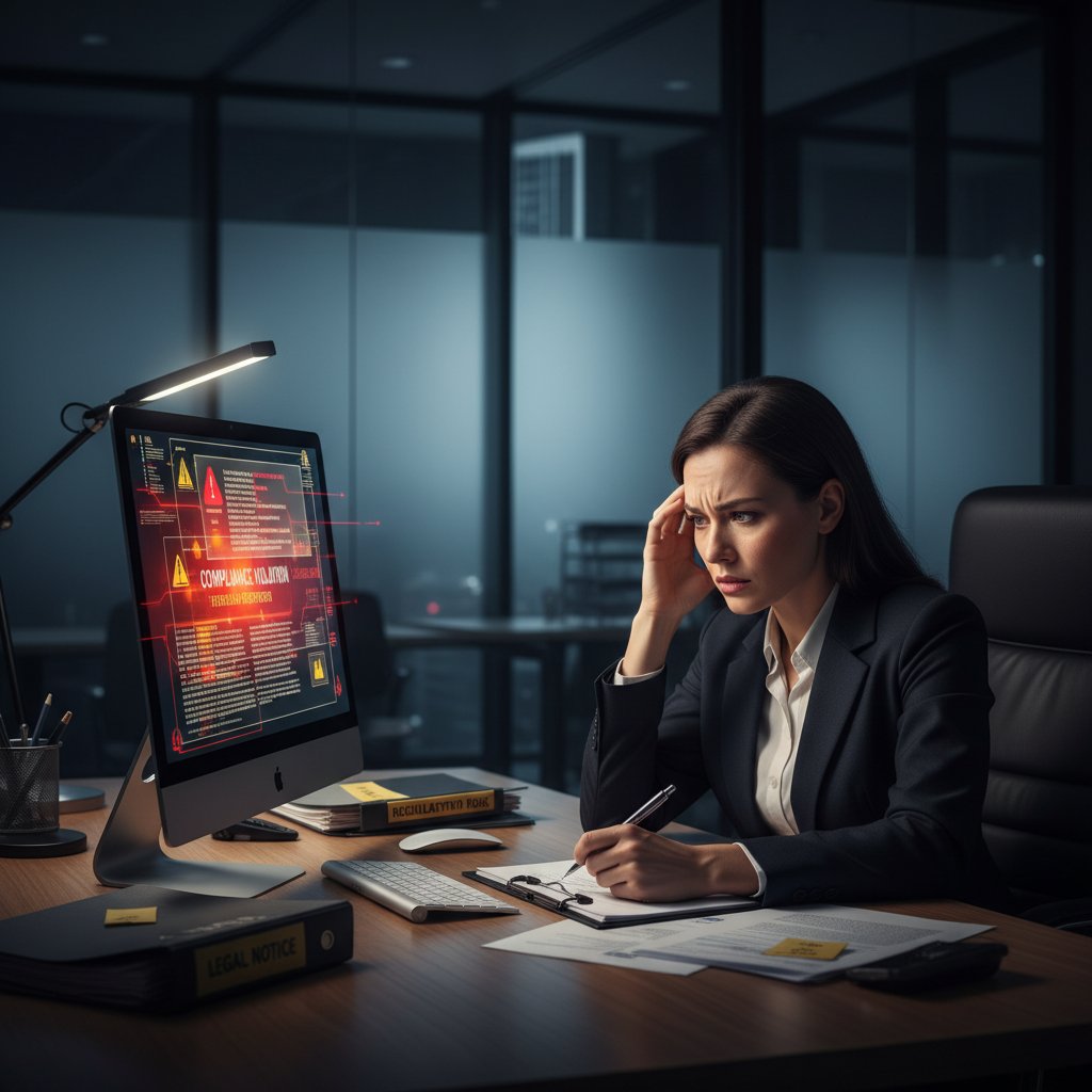 Business leader staring at compliance warnings, highlighting AI business optimization security risks