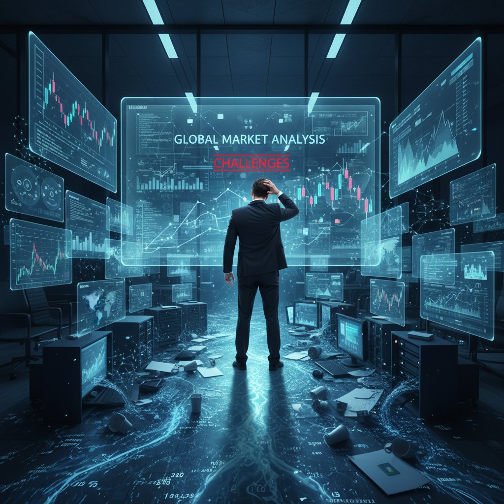 Business leader overwhelmed by data overflow, symbolizing market analysis challenges.