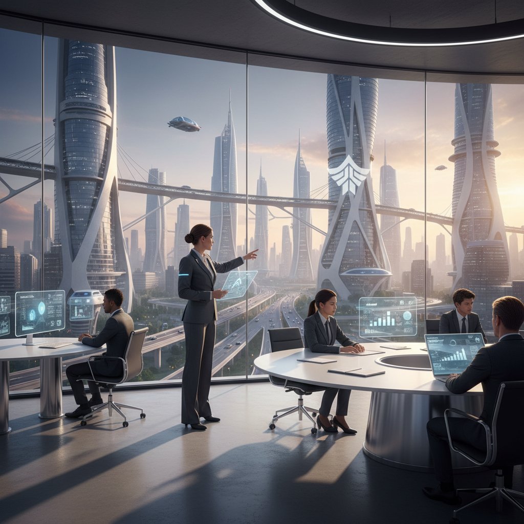 Lider biznesowy patrzy śmiało w przyszłość, stojąc w nowoczesnym biurze z panoramicznym widokiem na miasto