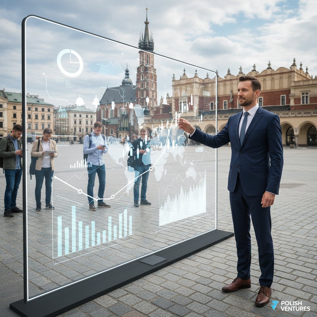 Biznesowy lider analizujący dane rynkowe na tle polskiego miasta